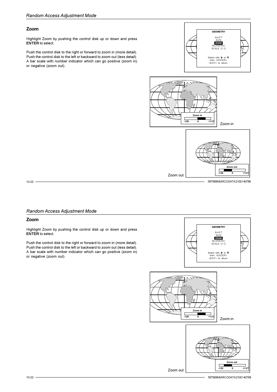 Random access adjustment mode, Zoom | Barco R9001070 User Manual | Page 85 / 121