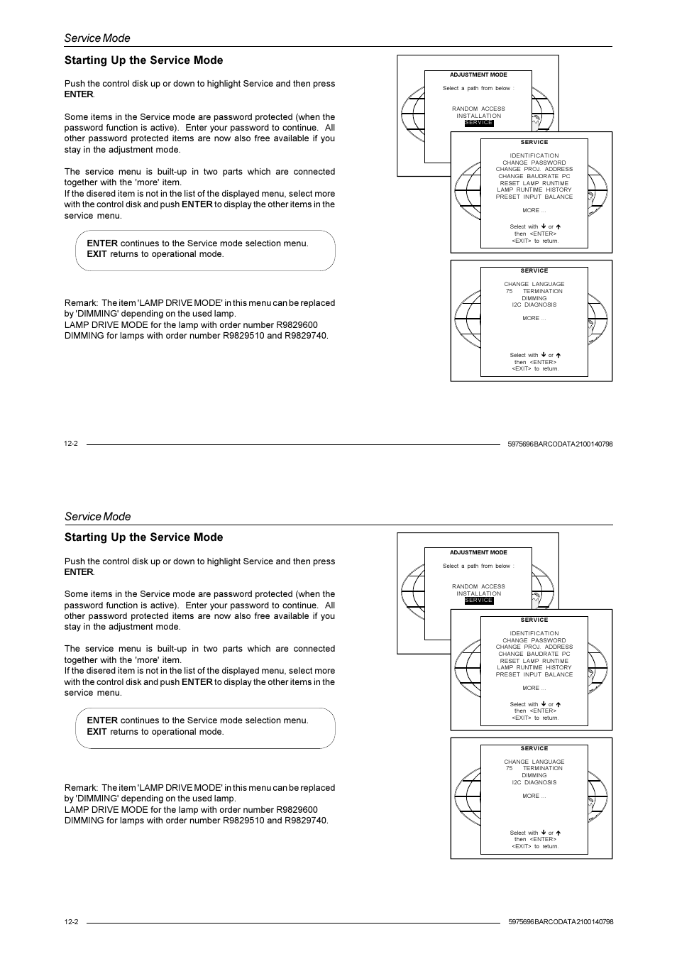 Service mode, Starting up the service mode | Barco R9001070 User Manual | Page 95 / 121