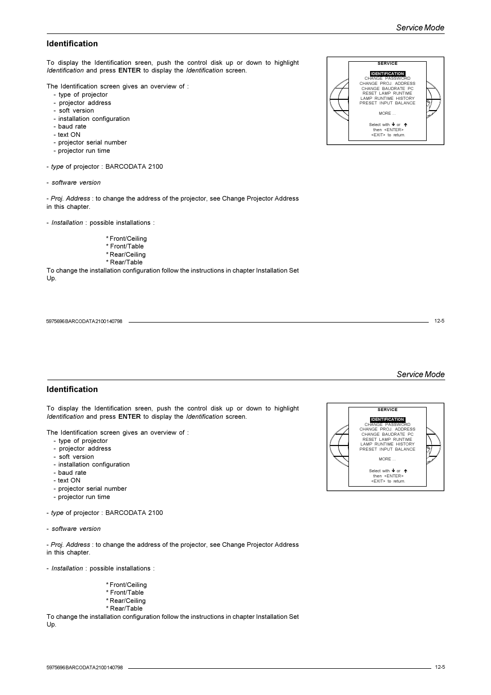 Service mode, Identification | Barco R9001070 User Manual | Page 98 / 121