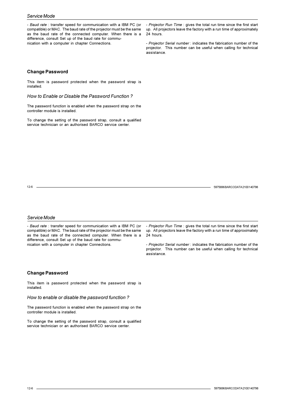 Service mode, Change password, How to enable or disable the password function | Barco R9001070 User Manual | Page 99 / 121