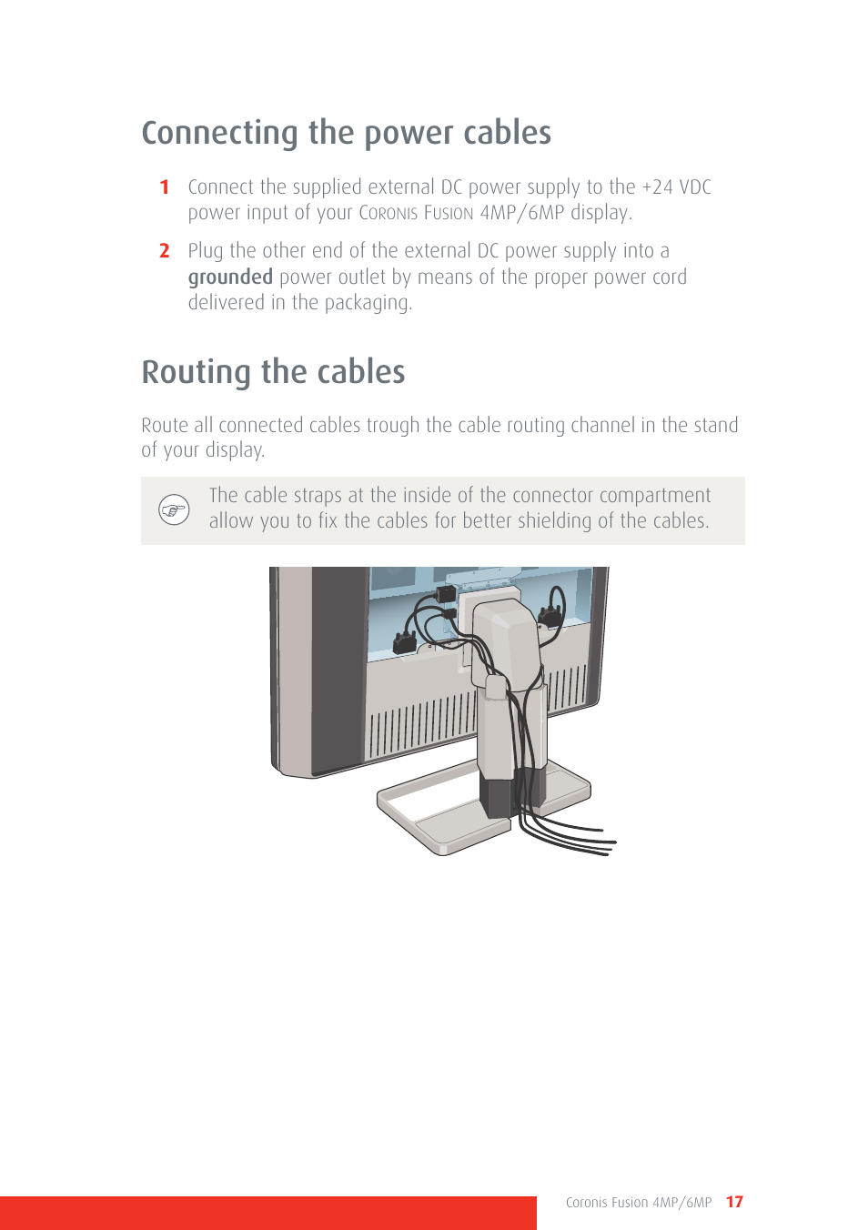 Connecting the power cables, Routing the cables, Connecting the power cables routing the cables | Barco CORONIS FUSION 4MP/6MP User Manual | Page 17 / 72
