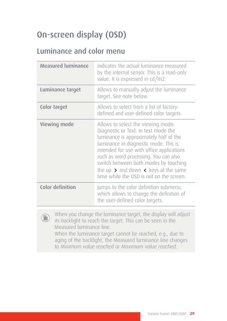On-screen display (osd), Luminance and color menu | Barco CORONIS FUSION 4MP/6MP User Manual | Page 29 / 72