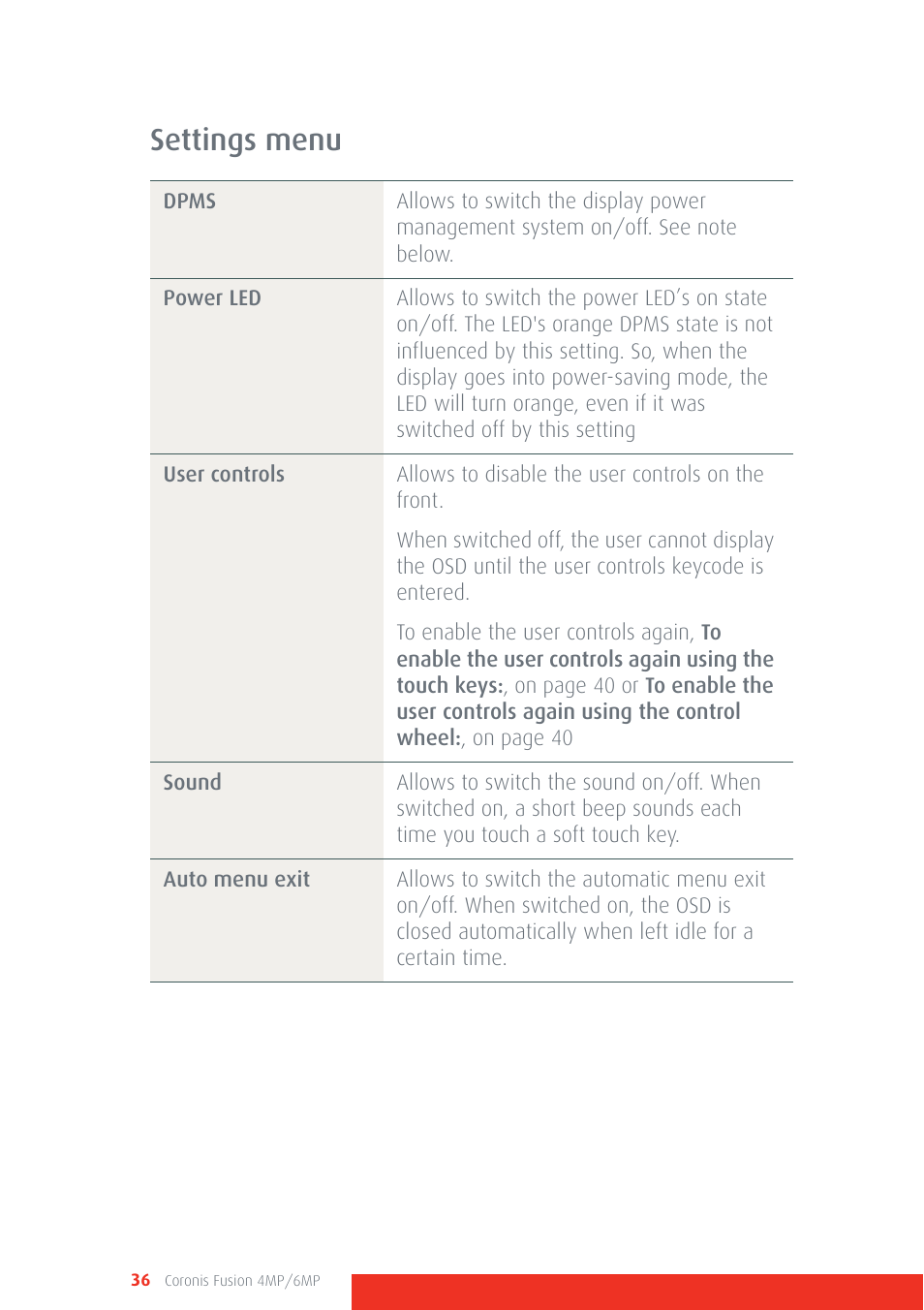 Settings menu | Barco CORONIS FUSION 4MP/6MP User Manual | Page 36 / 72