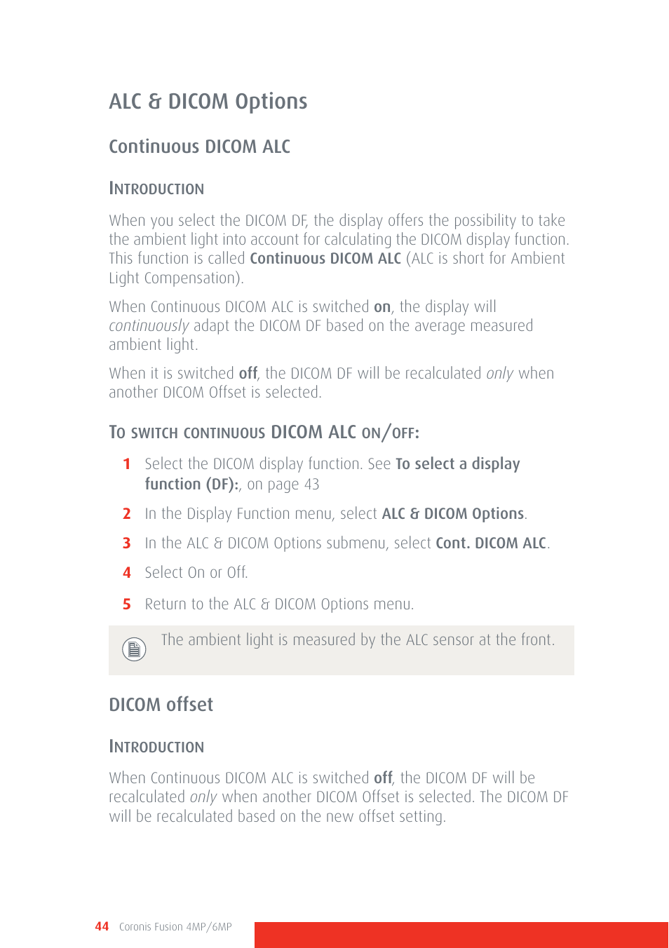 Alc & dicom options, Continuous dicom alc i, Dicom alc | Dicom offset i | Barco CORONIS FUSION 4MP/6MP User Manual | Page 44 / 72