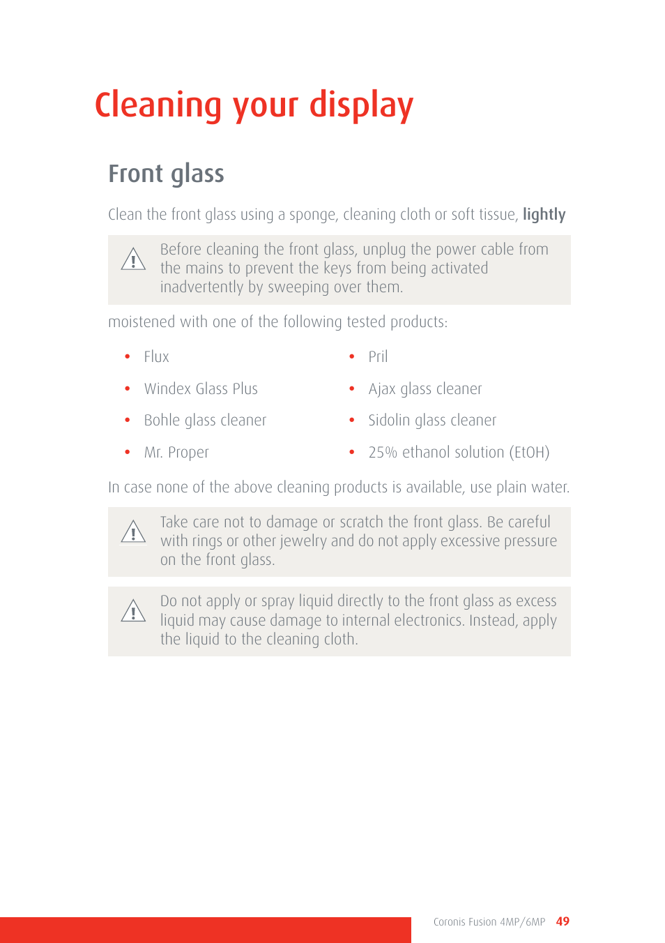 Cleaning your display, Front glass | Barco CORONIS FUSION 4MP/6MP User Manual | Page 49 / 72