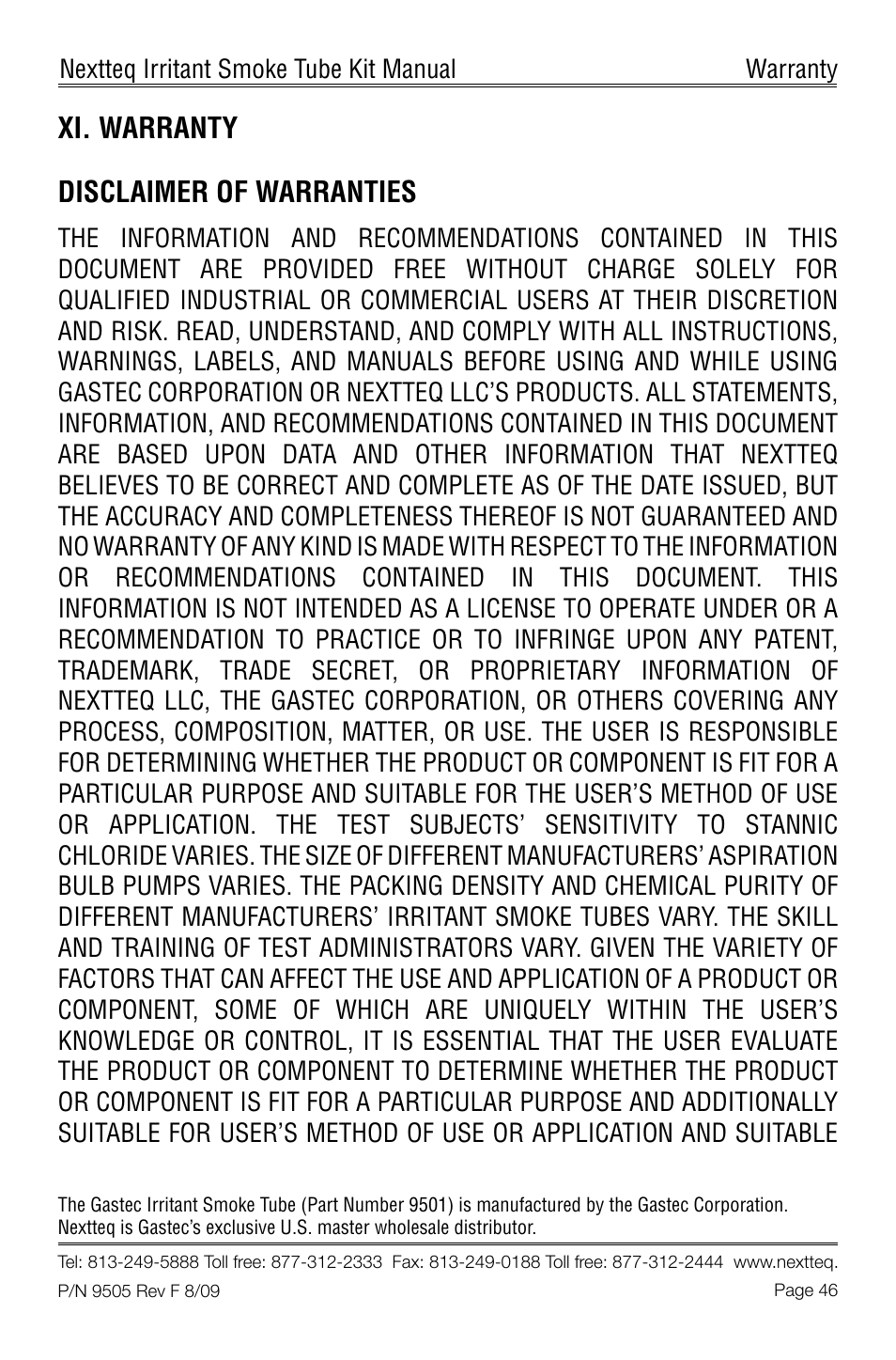 Xi. warranty disclaimer of warranties | Nextteq Irritant Smoke Tube Kit for Respirator Fit Testing and Airflow Indication User Manual | Page 49 / 52