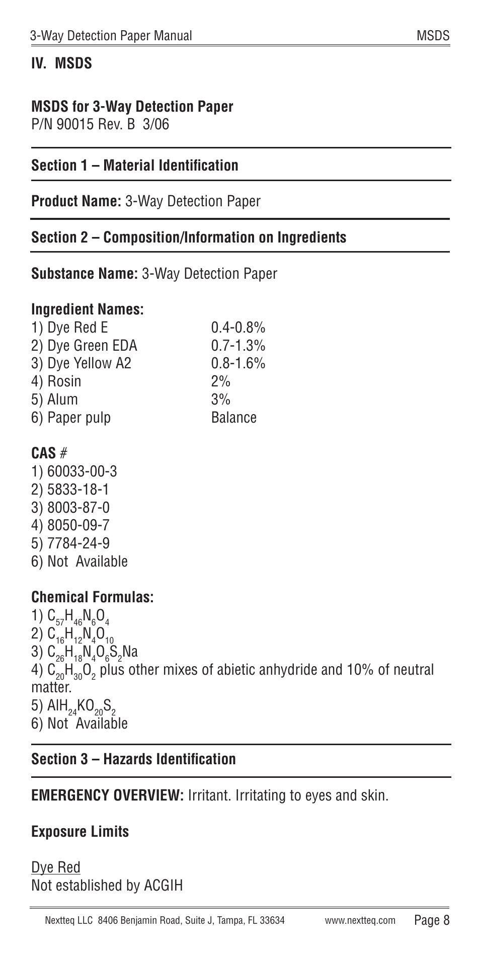 Iv. msds | Nextteq 3-Way Detection Paper User Manual | Page 11 / 20
