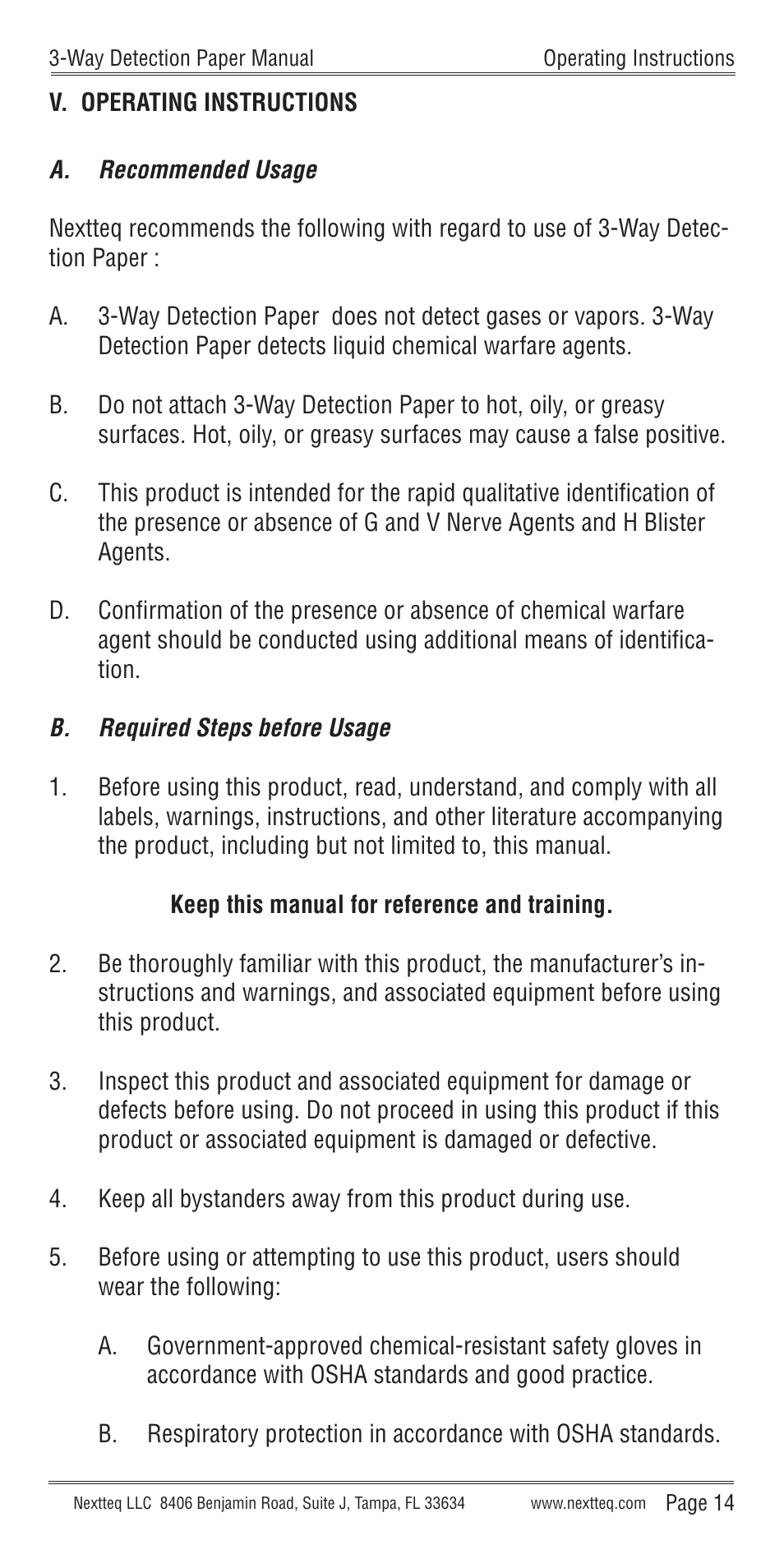 V. operating instructions | Nextteq 3-Way Detection Paper User Manual | Page 17 / 20