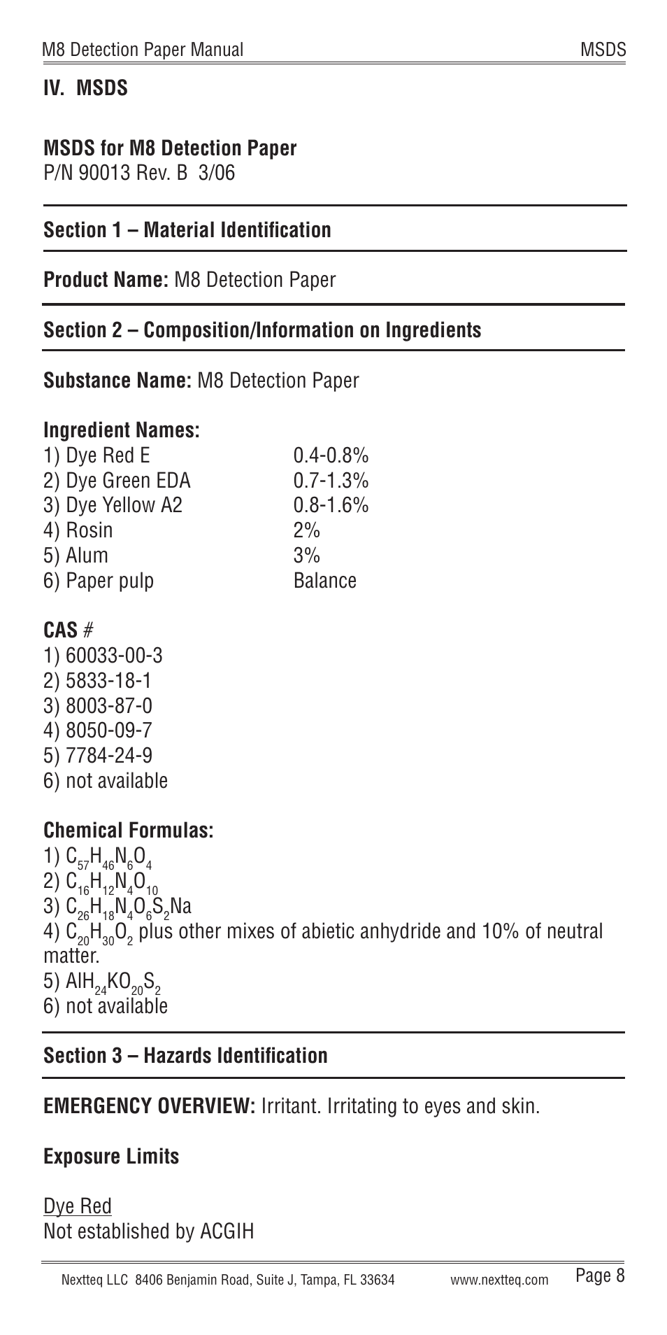 Iv. msds | Nextteq M8 Detection Paper User Manual | Page 11 / 20