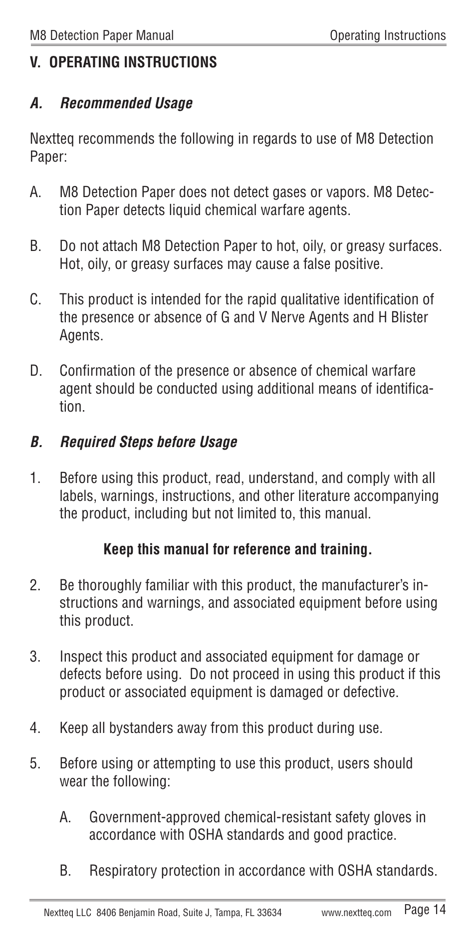 V. operating instructions | Nextteq M8 Detection Paper User Manual | Page 17 / 20