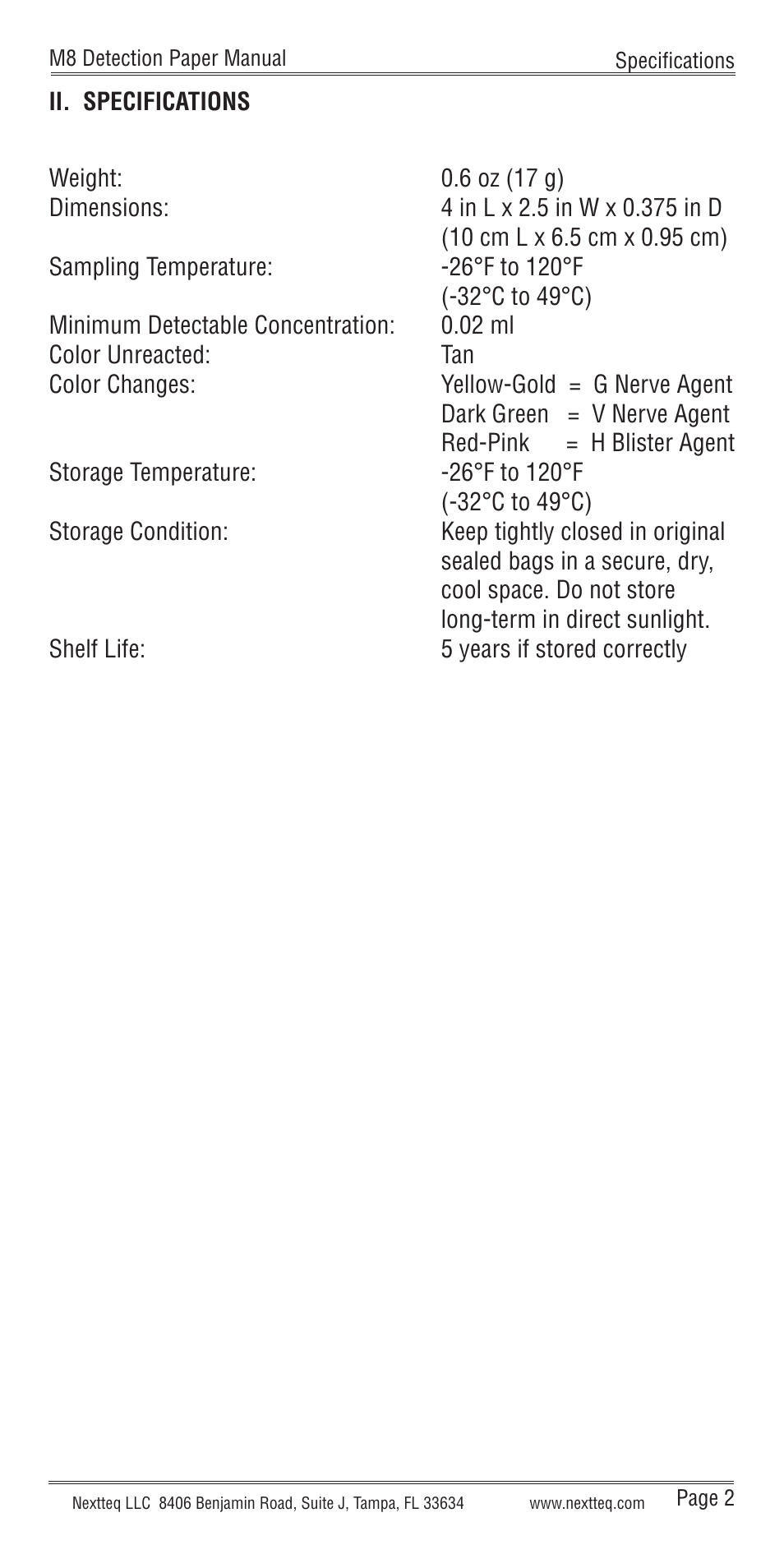Ii. specifications | Nextteq M8 Detection Paper User Manual | Page 5 / 20