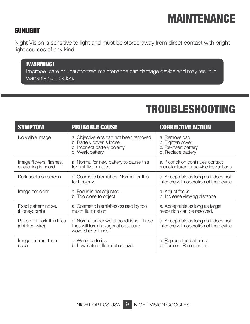 Maintenance troubleshooting, Sunlight, Warning | Symptom, Probable cause, Corrective action | Night Optics Adventurer Gen 1+ Night Vision Goggle User Manual | Page 10 / 13