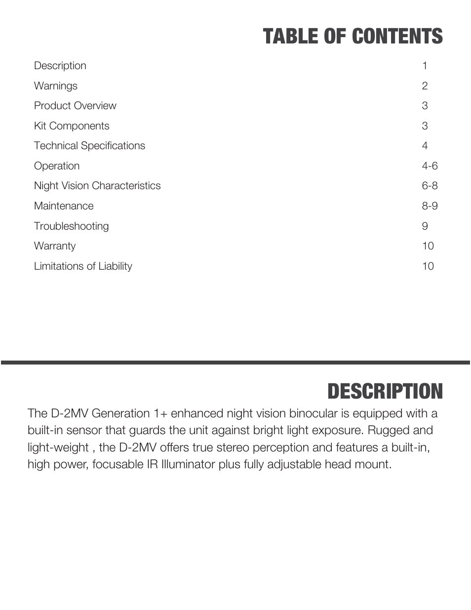 Description table of contents | Night Optics Adventurer Gen 1+ Night Vision Goggle User Manual | Page 2 / 13