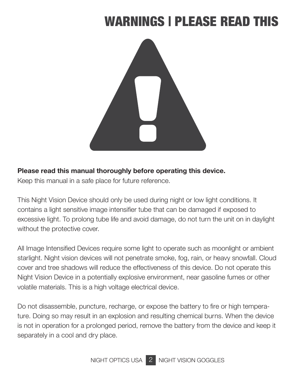 Warnings | please read this | Night Optics Adventurer Gen 1+ Night Vision Goggle User Manual | Page 3 / 13