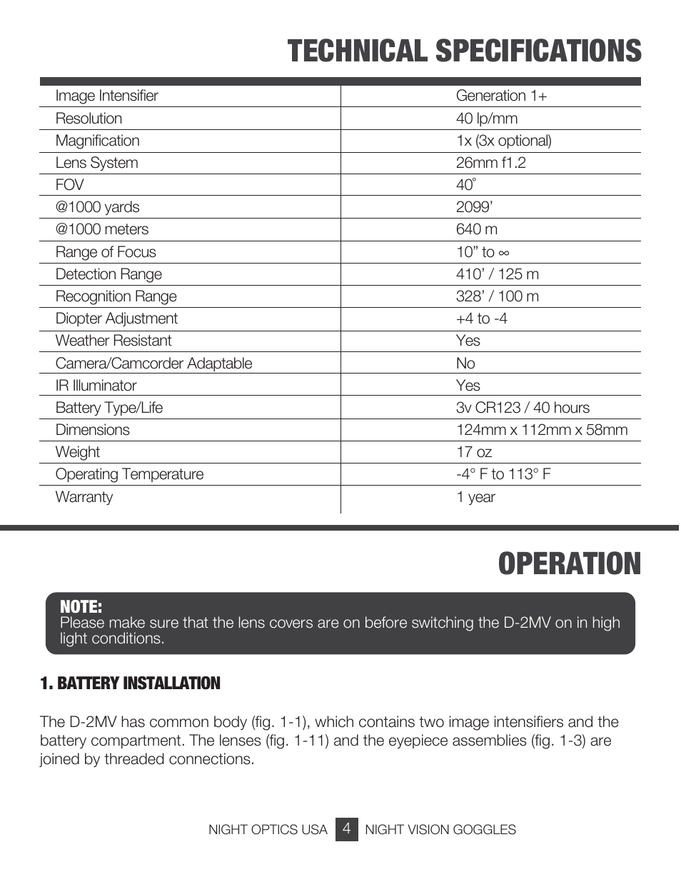 Technical specifications operation | Night Optics Adventurer Gen 1+ Night Vision Goggle User Manual | Page 5 / 13