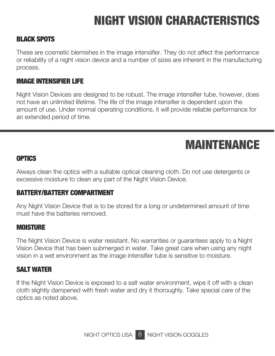 Night vision characteristics maintenance | Night Optics Adventurer Gen 1+ Night Vision Goggle User Manual | Page 9 / 13