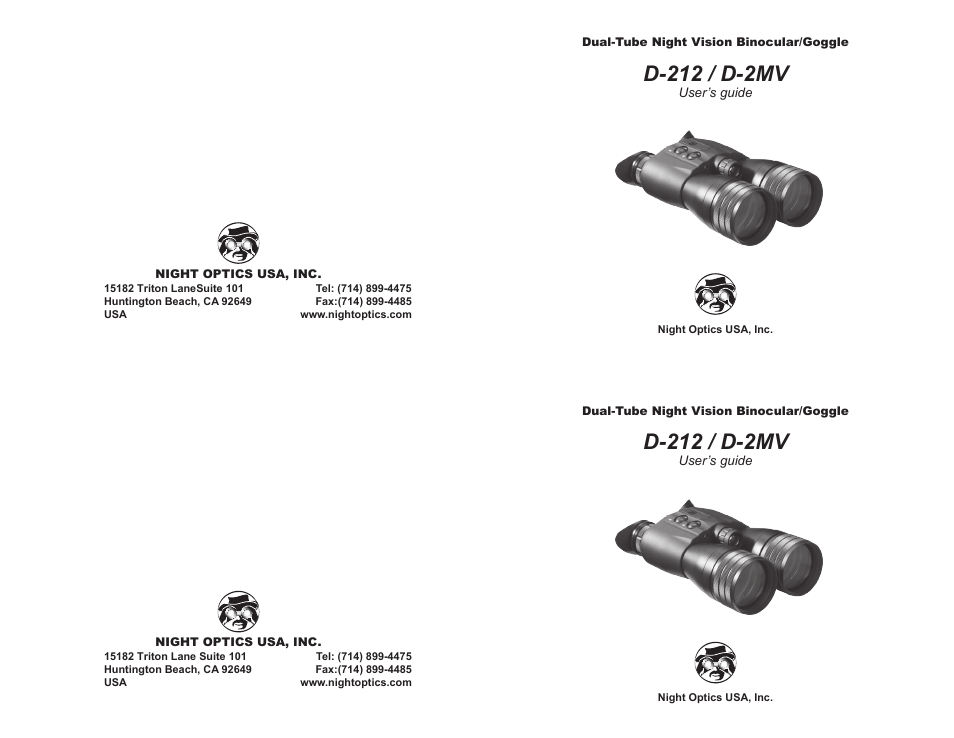 Night Optics Adventurer Gen 1+ Dual-Tube Night Vision Binocular User Manual | 8 pages