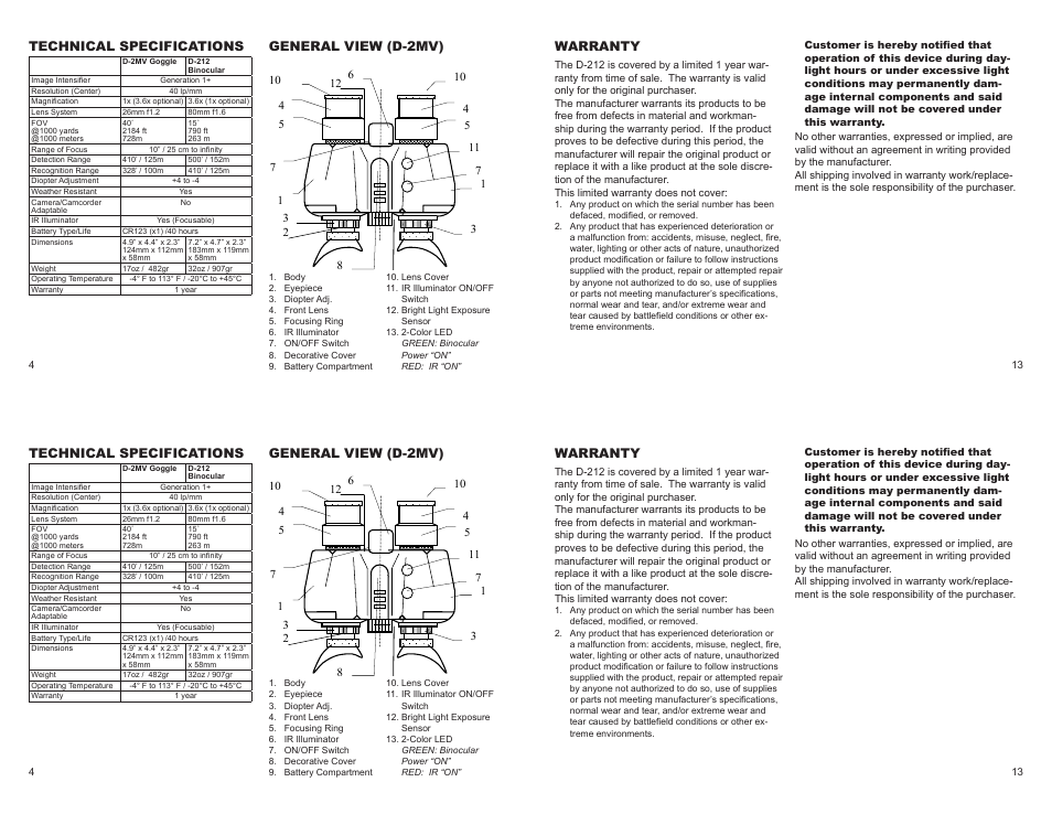 Technical specifications, General view (d-2mv), Warranty | Night Optics Adventurer Gen 1+ Dual-Tube Night Vision Binocular User Manual | Page 4 / 8