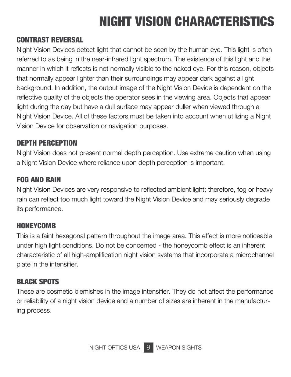 Night vision characteristics | Night Optics Argus 740 4x Gen 3 Gated Night Vision Scope User Manual | Page 10 / 15