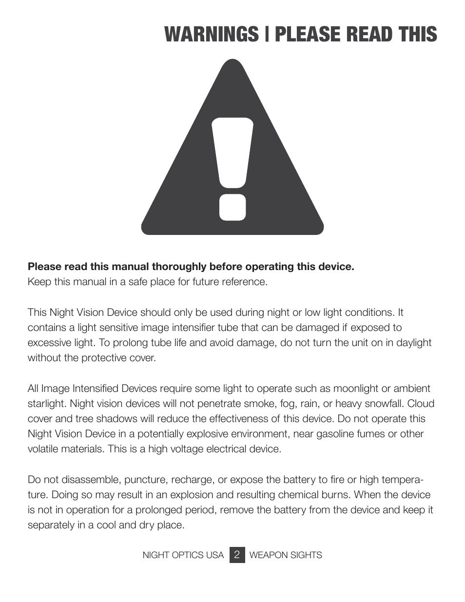 Warnings | please read this | Night Optics Argus 740 4x Gen 3 Gated Night Vision Scope User Manual | Page 3 / 15