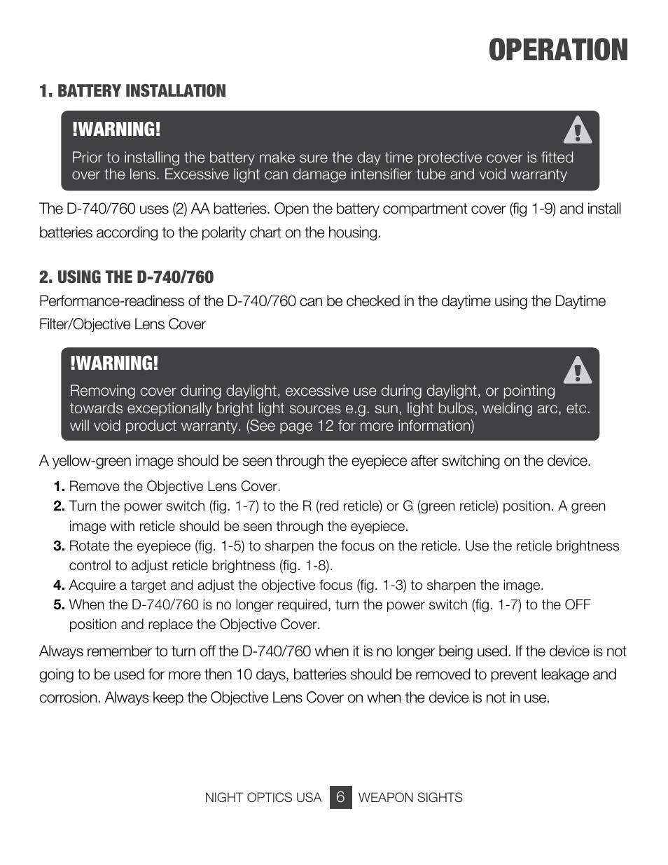 Operation, Warning | Night Optics Argus 740 4x Gen 3 Gated Night Vision Scope User Manual | Page 7 / 15