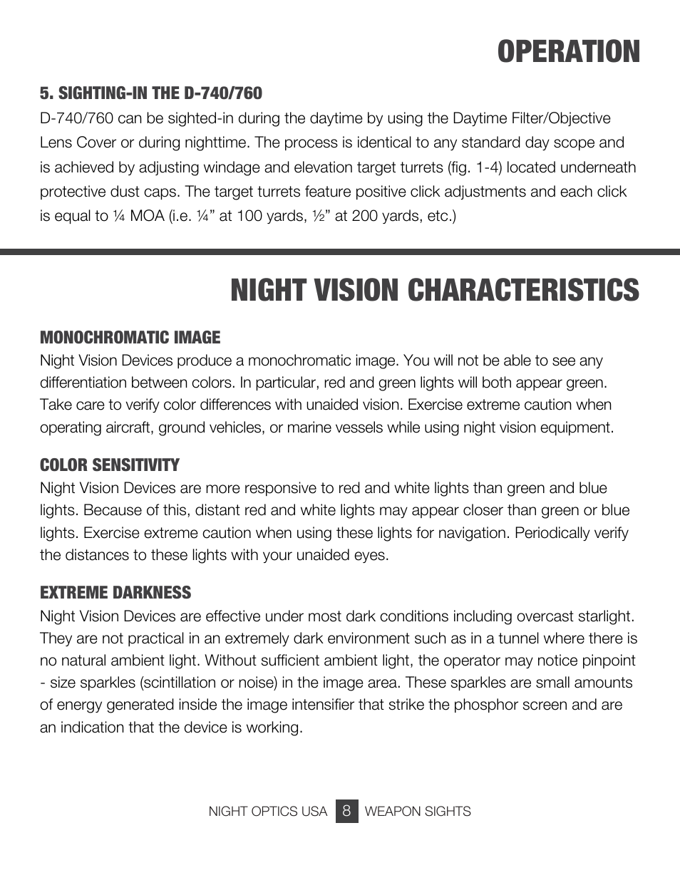 Operation, Night vision characteristics | Night Optics Argus 740 4x Gen 3 Gated Night Vision Scope User Manual | Page 9 / 15