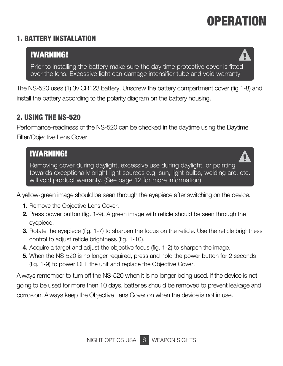 Operation, Warning | Night Optics Spartan 520 2.8x Gen 2+ Night Vision Scope User Manual | Page 7 / 15