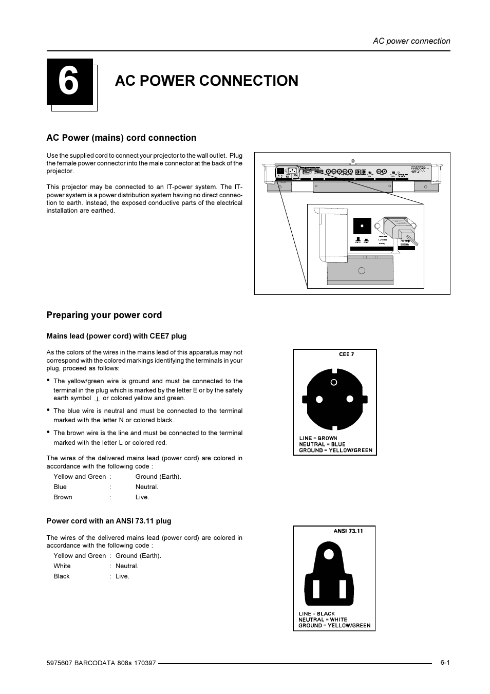 Ac power (mains) cord connection, Preparing your power cord, Ac power connection | Ãr vur hy, Mains lead (power cord) with cee7 plug, Power cord with an ansi 73.11 plug | Barco R9002031 User Manual | Page 20 / 45