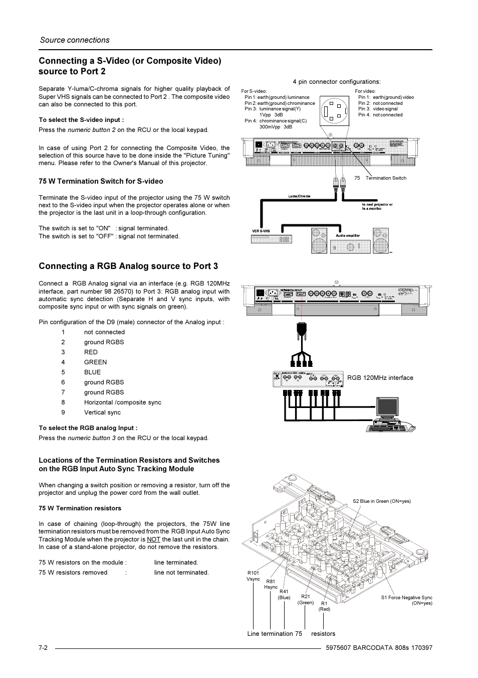 Connecting a rgb analog source to port 3, Source connections, 75 w termination switch for s-video | Ãr vur hy, Lqyhu | Barco R9002031 User Manual | Page 25 / 45