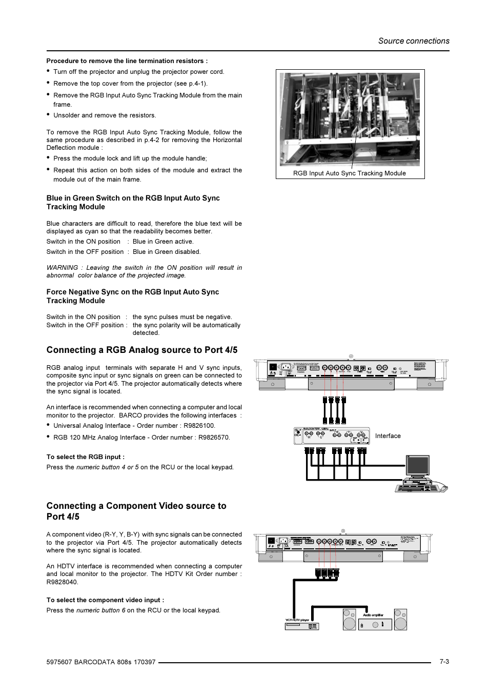 Connecting a rgb analog source to port 4/5, Connecting a component video source to port 4/5, Source connections | Ãr vur hy | Barco R9002031 User Manual | Page 26 / 45