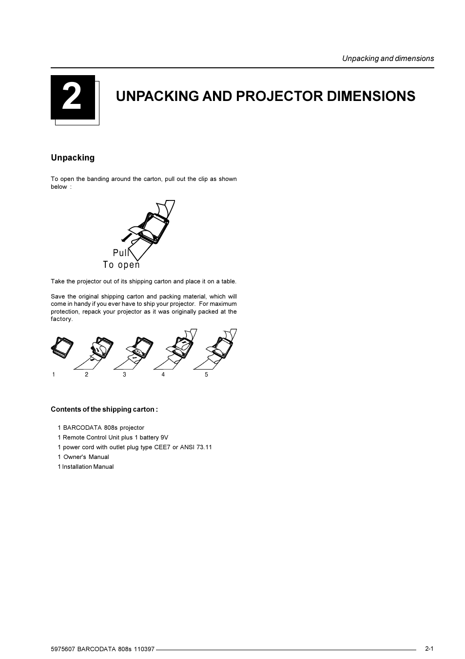 Unpacking and projector dimensions | Barco R9002031 User Manual | Page 8 / 45