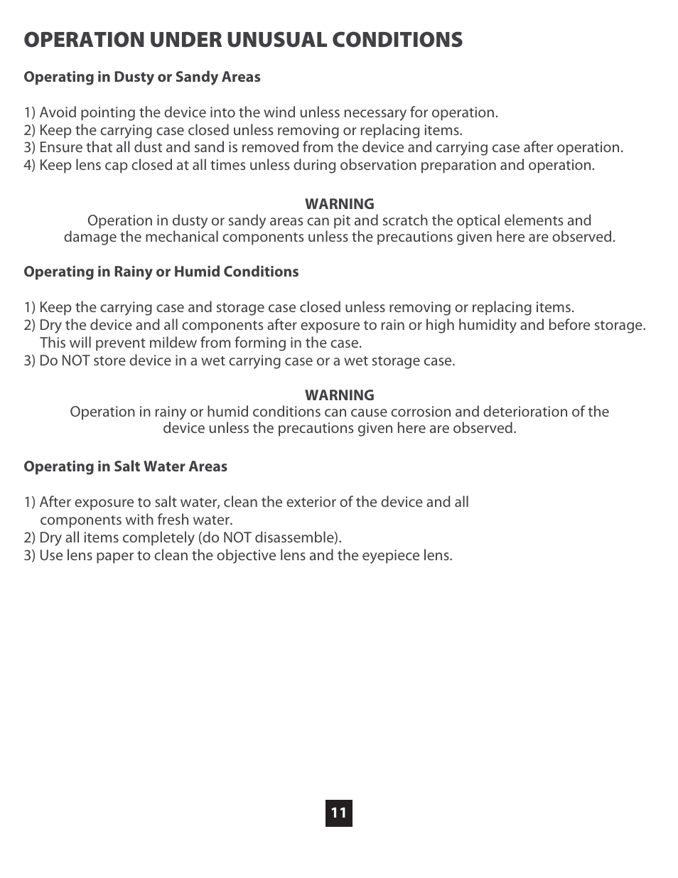 Operation under unusual conditions | Night Optics D-930 Gen 3 Gated Clip-on Night Vision Scope User Manual | Page 13 / 21