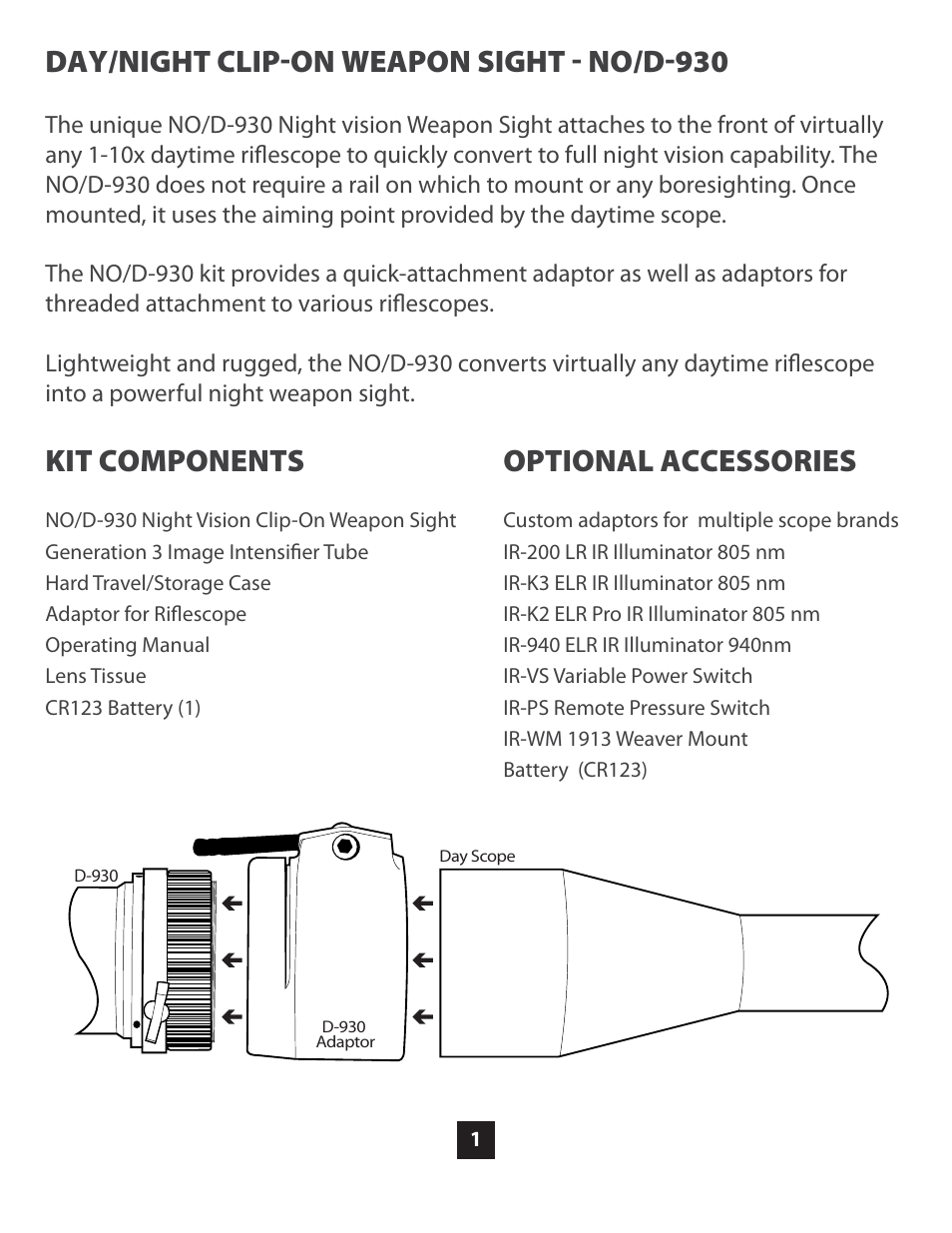 Day/night clipon weapon sight  no/d930, Kit components, Optional accessories | Night Optics D-930 Gen 3 Gated Clip-on Night Vision Scope User Manual | Page 3 / 21