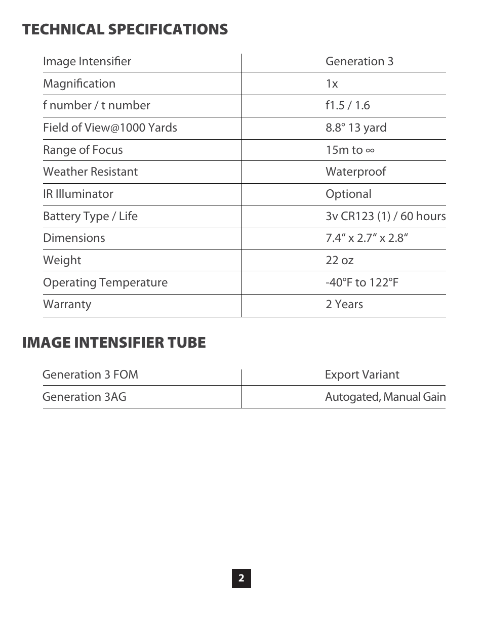 Technical specifications image intensifier tube | Night Optics D-930 Gen 3 Gated Clip-on Night Vision Scope User Manual | Page 4 / 21
