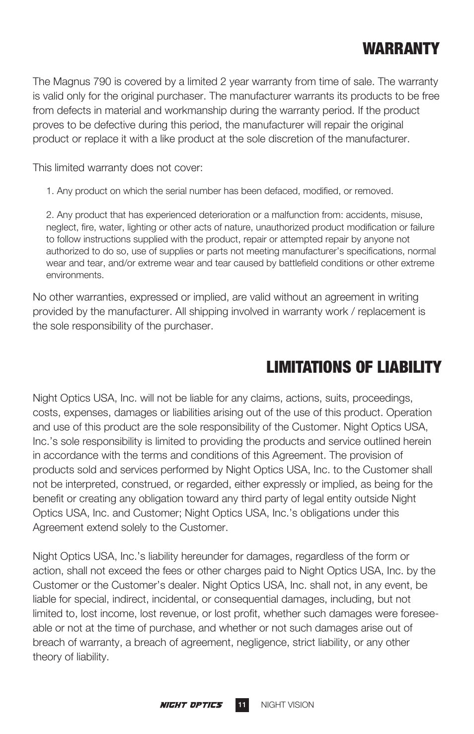 Limitations of liability, Warranty | Night Optics Magnus 790 6x Night Vision Riflescope (Gen. 3 Gated) User Manual | Page 12 / 14