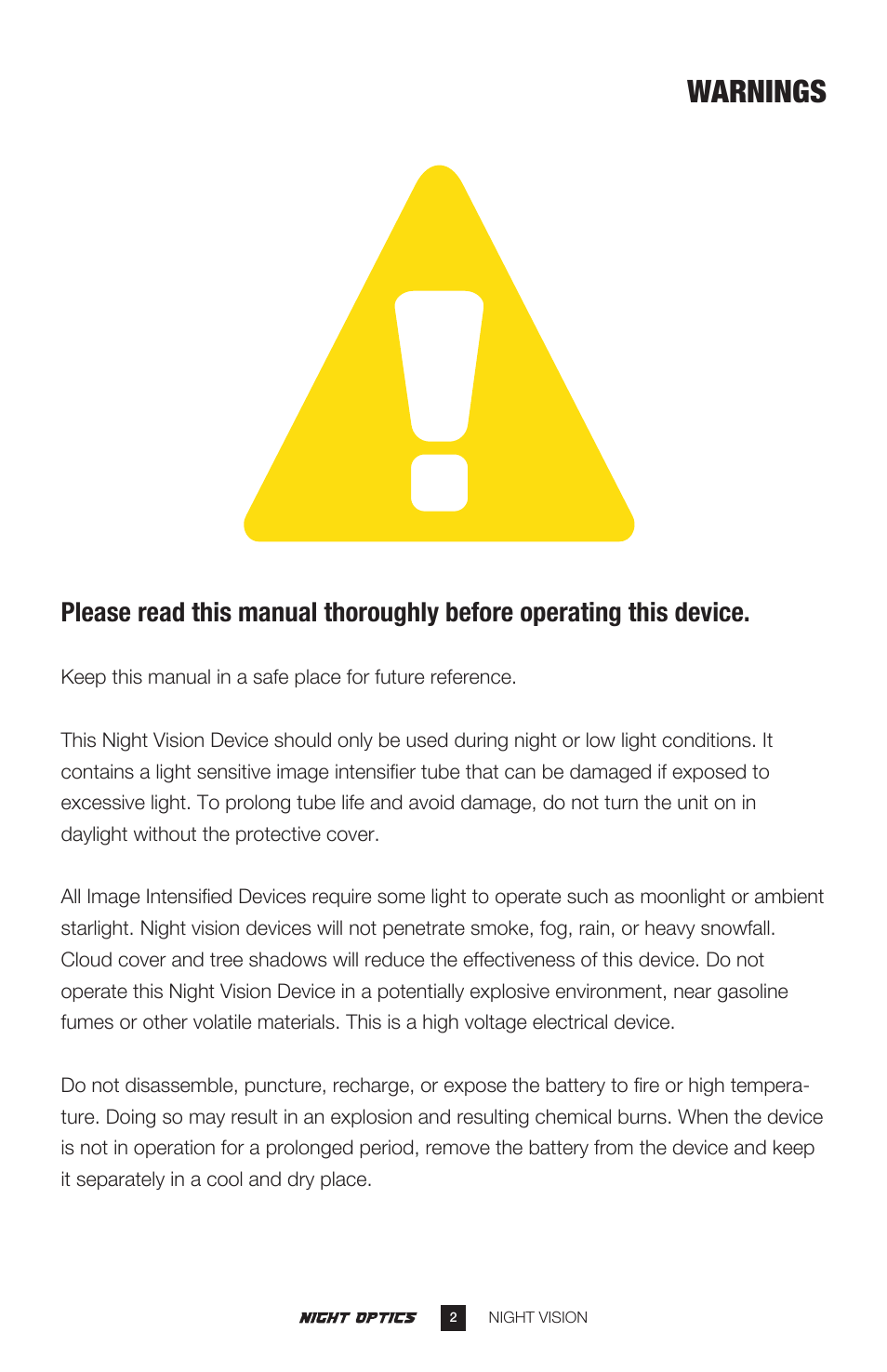 Warnings | Night Optics Magnus 790 6x Night Vision Riflescope (Gen. 3 Gated) User Manual | Page 3 / 14