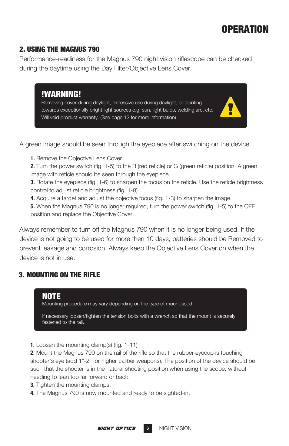 Operation, Warning, Using the magnus 790 | Mounting on the rifle | Night Optics Magnus 790 6x Night Vision Riflescope (Gen. 3 Gated) User Manual | Page 7 / 14