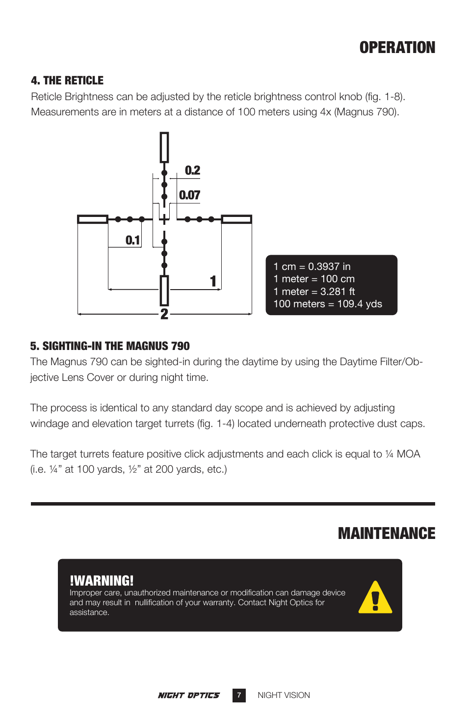 Operation, Maintenance, Warning | Night Optics Magnus 790 6x Night Vision Riflescope (Gen. 3 Gated) User Manual | Page 8 / 14