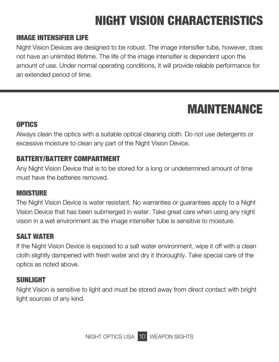 Night vision characteristics, Maintenance | Night Optics Superlite 730 Gen 3 Gated Night Vision Scope User Manual | Page 11 / 15