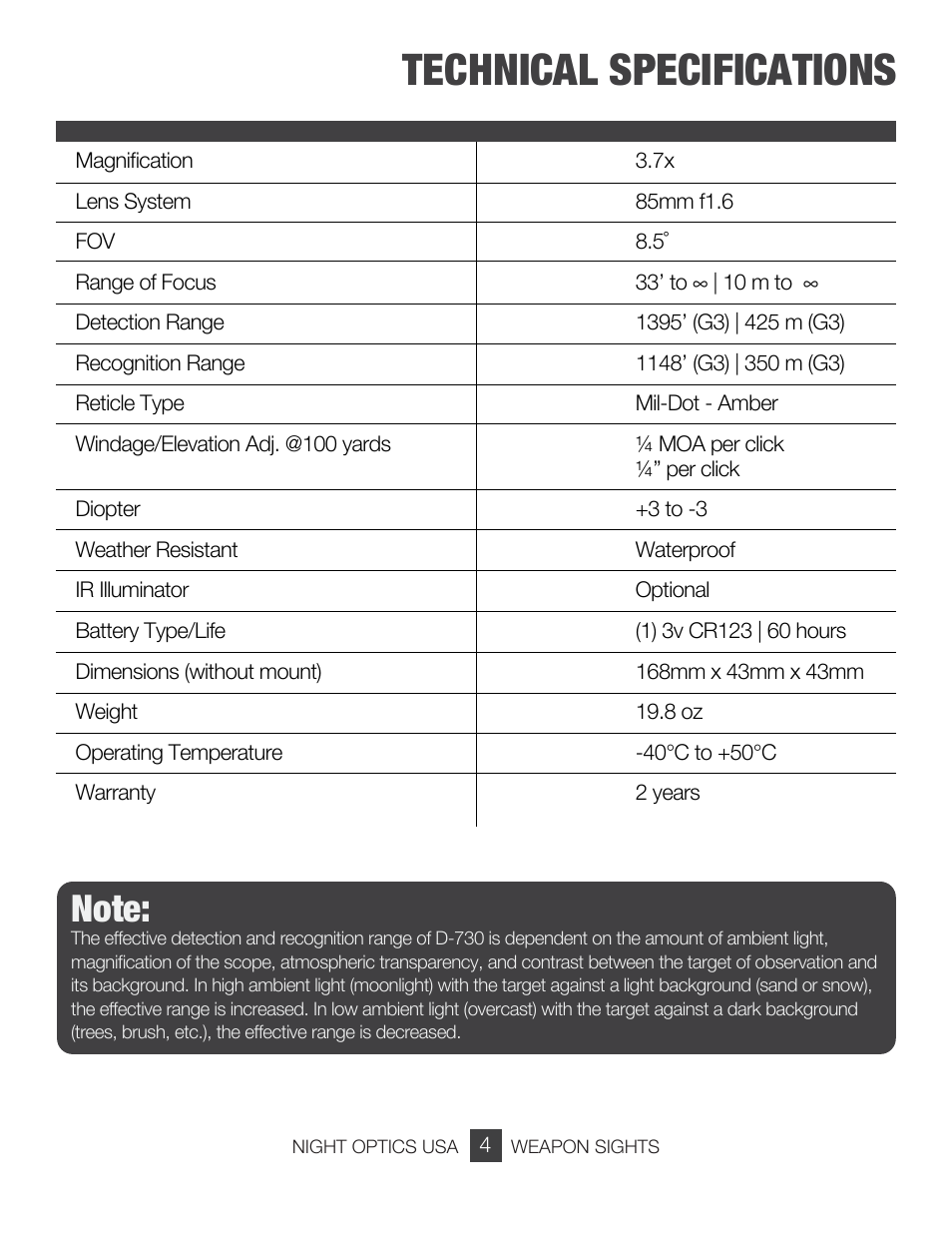 Technical specifications | Night Optics Superlite 730 Gen 3 Gated Night Vision Scope User Manual | Page 5 / 15