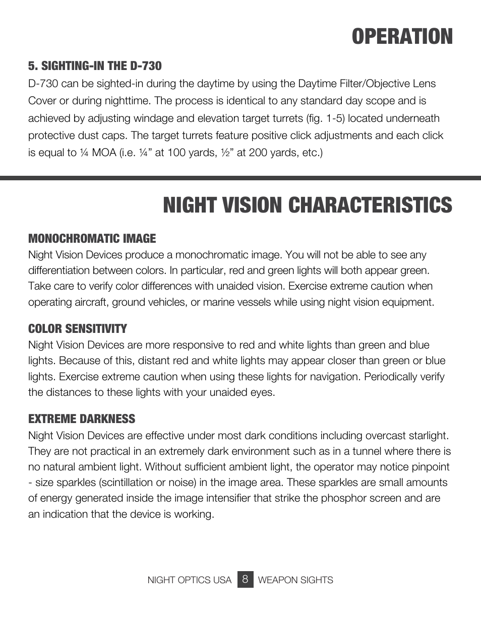 Operation, Night vision characteristics | Night Optics Superlite 730 Gen 3 Gated Night Vision Scope User Manual | Page 9 / 15