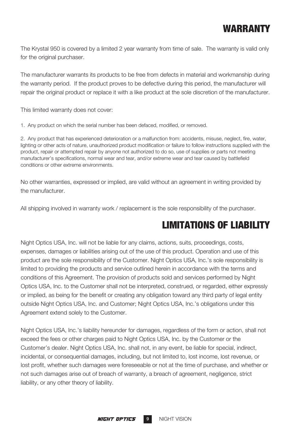 Warranty, Limitations of liability | Night Optics Krystal 950L Generation 2+ B/W Clip-on Sight User Manual | Page 10 / 13