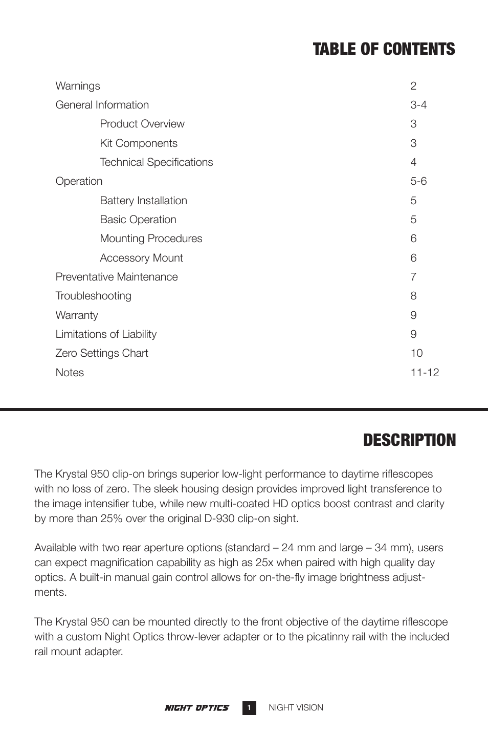 Night Optics Krystal 950L Generation 2+ B/W Clip-on Sight User Manual | Page 2 / 13