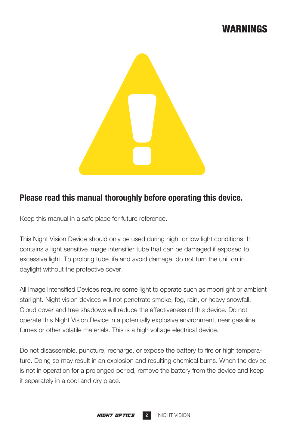 Warnings | Night Optics Krystal 950L Generation 2+ B/W Clip-on Sight User Manual | Page 3 / 13