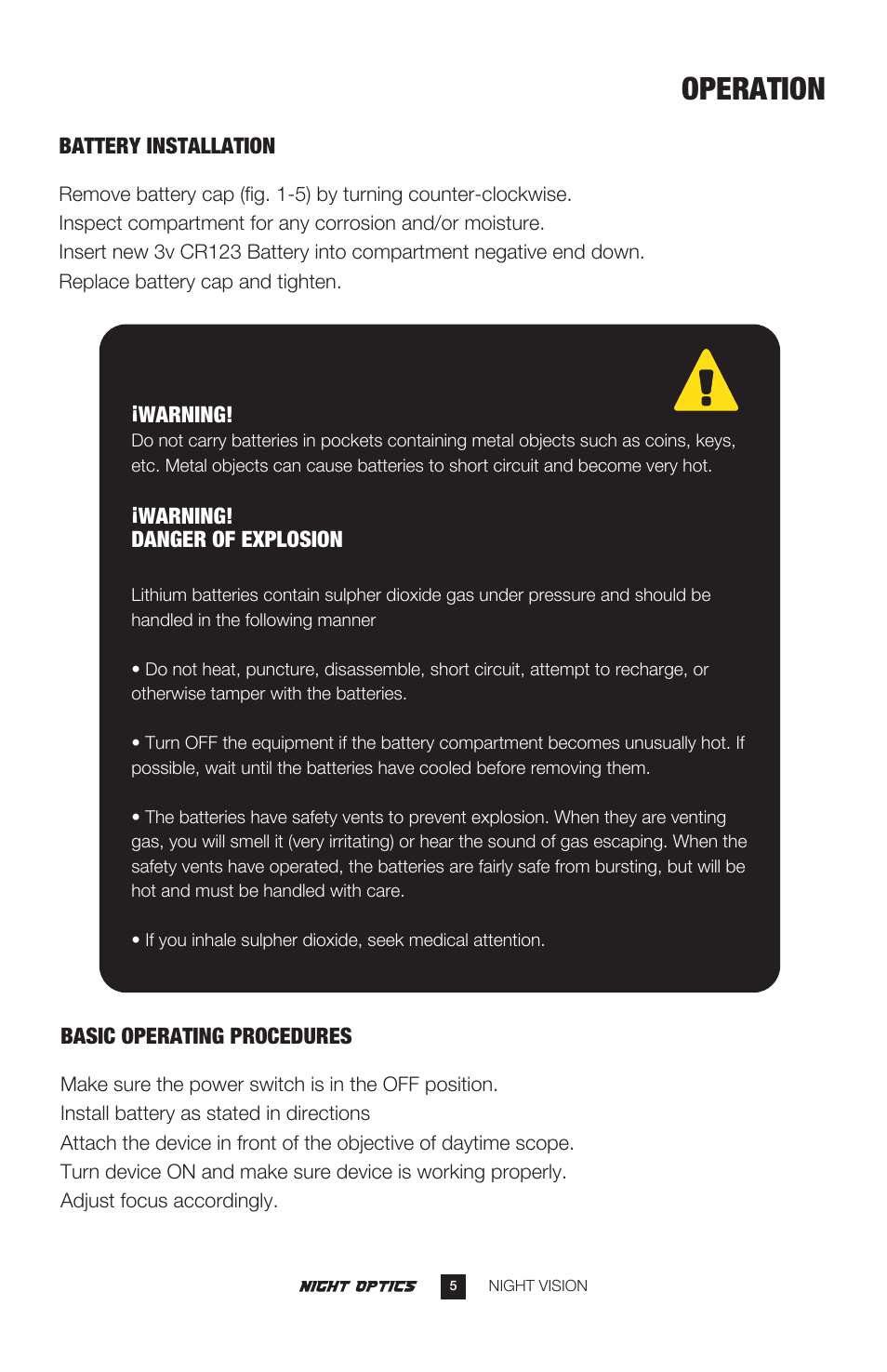 Operation, Battery installation, Warning | Warning! danger of explosion, Basic operating procedures | Night Optics Krystal 950L Generation 2+ B/W Clip-on Sight User Manual | Page 6 / 13