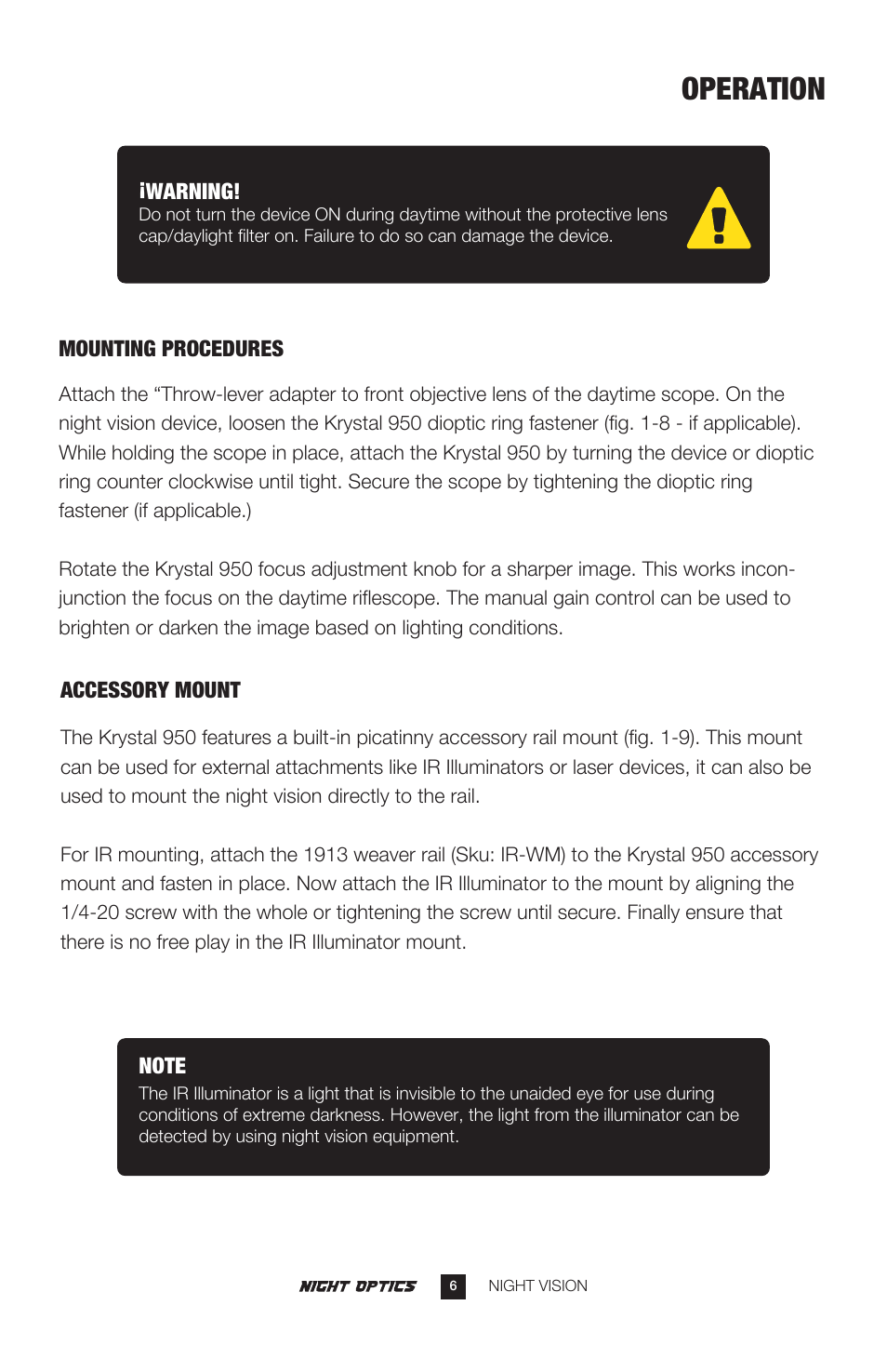Operation | Night Optics Krystal 950L Generation 2+ B/W Clip-on Sight User Manual | Page 7 / 13