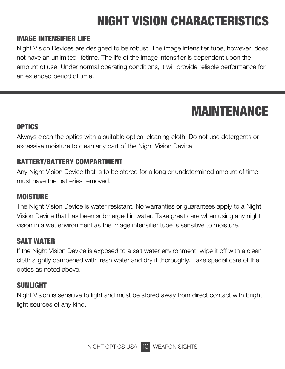 Night vision characteristics, Maintenance | Night Optics Marauder 750 4x Gen 3 Night Vision Riflescope User Manual | Page 11 / 15