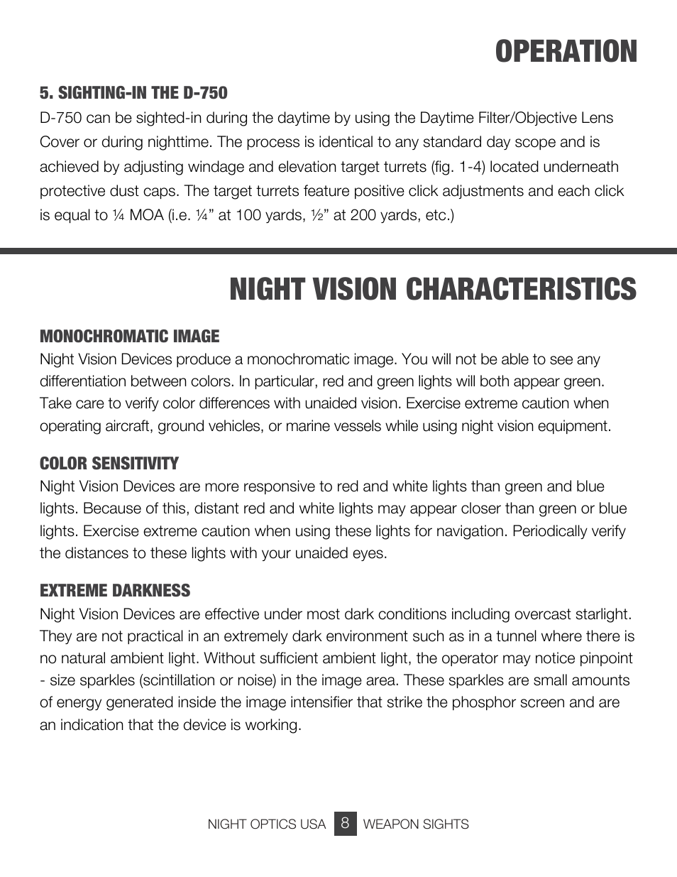 Operation, Night vision characteristics | Night Optics Marauder 750 4x Gen 3 Night Vision Riflescope User Manual | Page 9 / 15