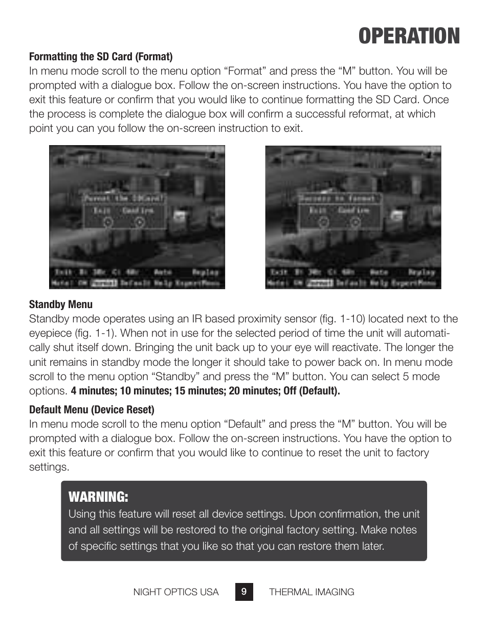 Operation, Warning | Night Optics TM-X Thermal Camera (160x120 | 25mm) User Manual | Page 10 / 17