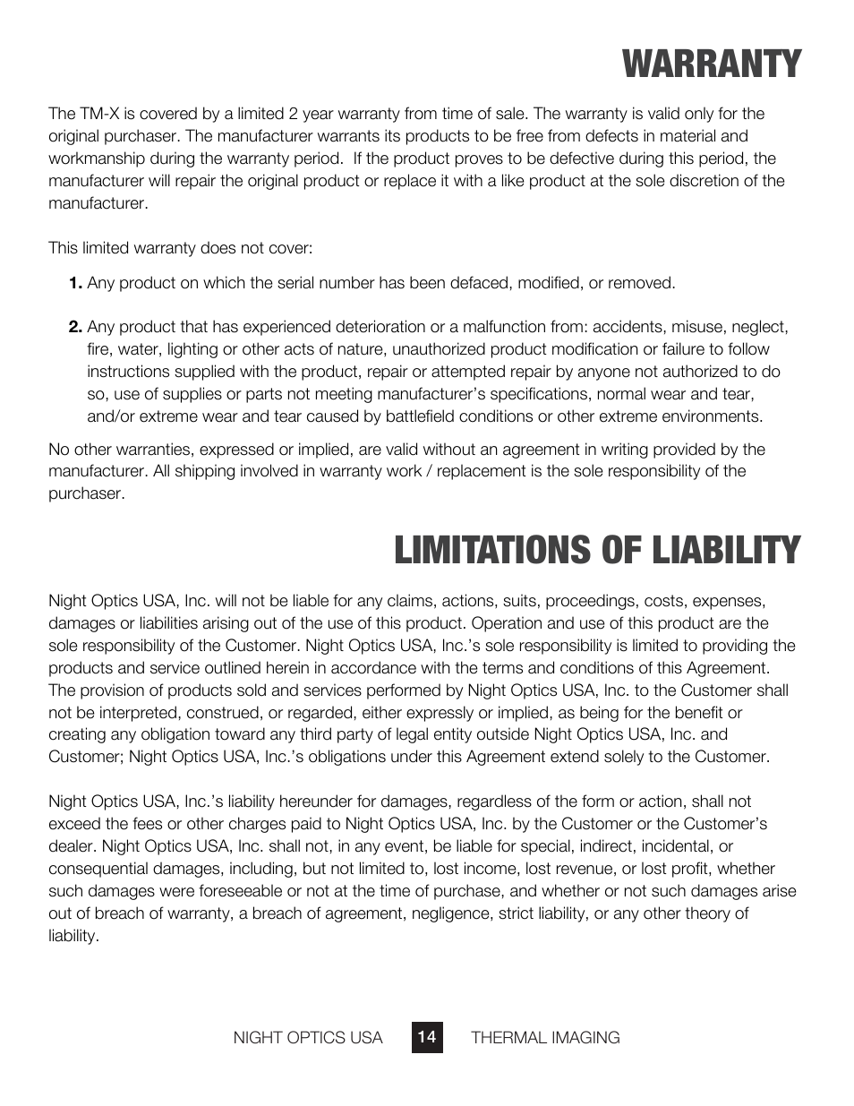 Limitations of liability, Warranty | Night Optics TM-X Thermal Camera (160x120 | 25mm) User Manual | Page 15 / 17